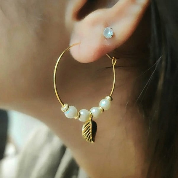 The Colourful Aura Gold Plated 30mm White Beaded Dangle Leaf Charm Huggie DaintyHoop Earring