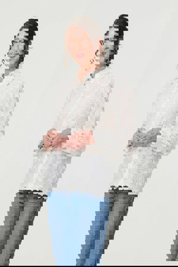 White | Floral Long Sleeve Embroidered Shirt
