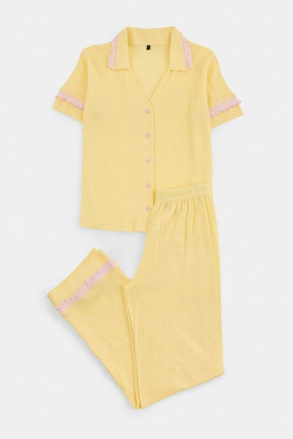 Shirt Collar Long Sleeve Frill Detail Pyjama Set