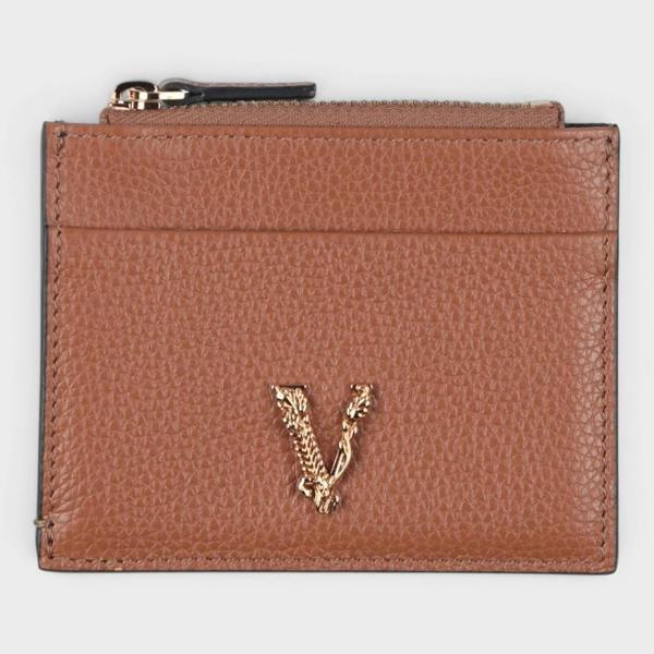 Versace Virtus Logo Zip Cardholder Leather Brown