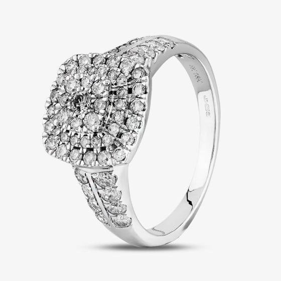 T. H. Baker 18ct White Gold 1.00ct Diamond Shouldered Cushion Cluster Ring TH011375R