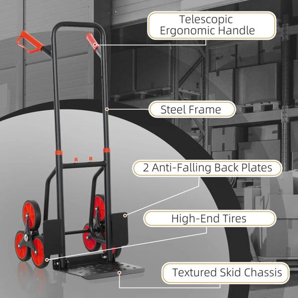 Stair hand truck trolley in black with red wheels and telescopic ergonomic handle