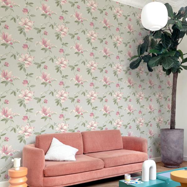 Grandeco Adeline Traditional Floral Trail Fabric Textured Wallpaper, Pink Grey