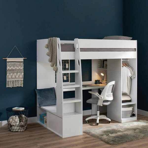 Flair Harry High Sleeper with Desk & Wardrobe White