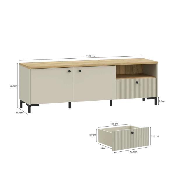 Furniture To Go Bixbite Wide TV Unit with Fluted Drawer, Open Shelf & Cupboard in Mauvella Oak and Sand