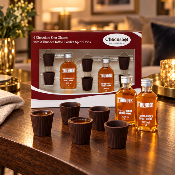 Chocoshot 6 Chocolate Shot Glasses with 2 Thunder Toffee + Vodka Spirit Drink L'chaim Gift Set