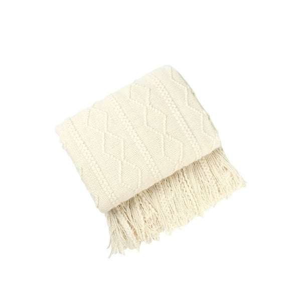 Anyhouz Anycozy White Throw Blanket Faux Cashmere Sofa Cover Vertical Bar Diamond Knit Plaid Tassels Blanket for Spring Summer 150*230cm