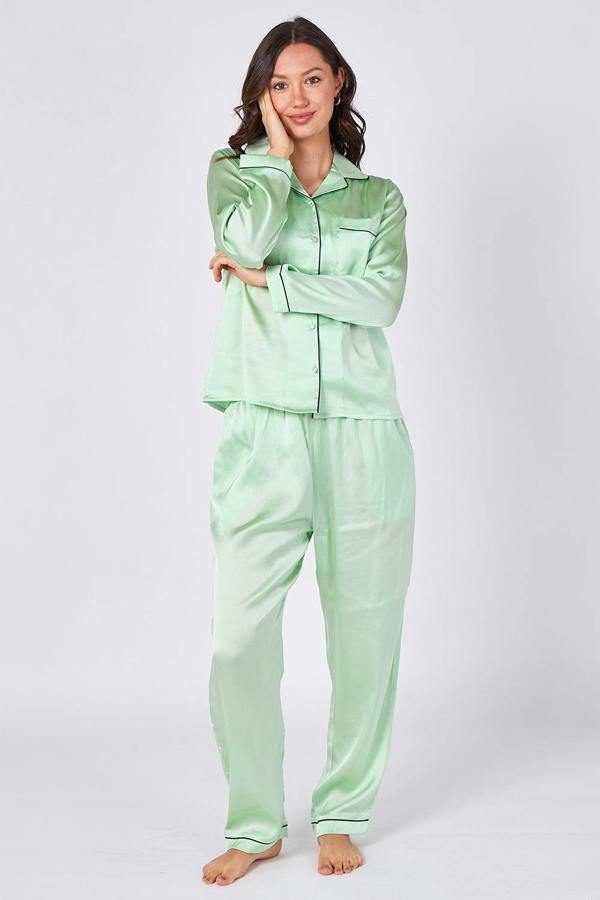 Mint Green Satin Pyjama Set – Luxury Long Sleeve Ladies PJ Set