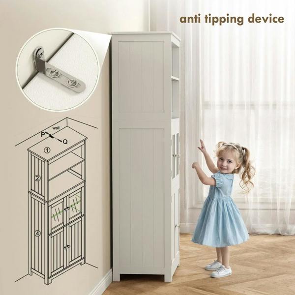 White freestanding cupboard with tall hinged door, silver handles, and open side view