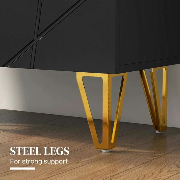 Close-up of gold steel legs on a black shoe storage cabinet