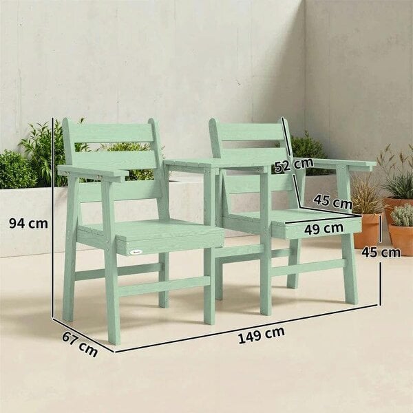 Outdoor Garden Loveseat, Embossed Wooden Jack and Jill Garden Seat with Integrated Table, Green