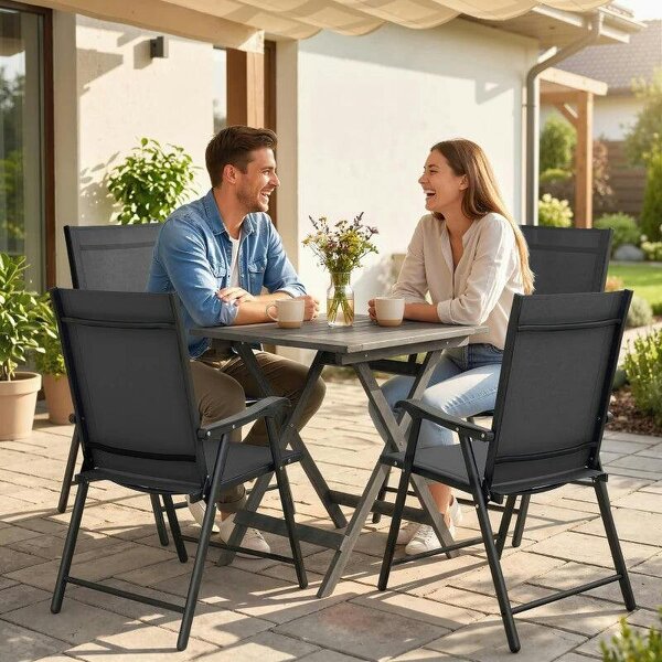 Folding Garden Chairs Set of 4, Foldable Garden Dining Chairs with High Back, Armrests, Texteline Seat, Black