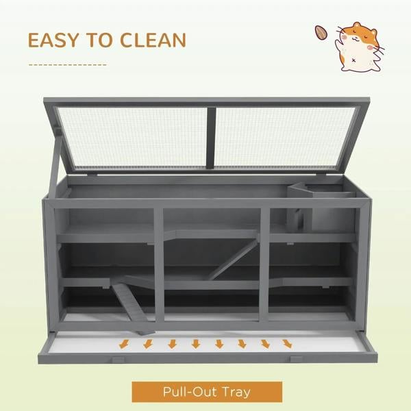 Grey wooden hamster cage with pull-out bottom tray for easy cleaning