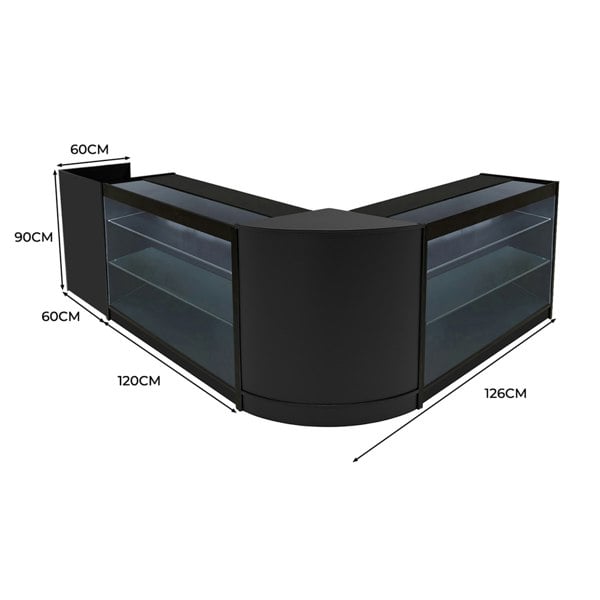 Black Aries LED Shop Counter Set featuring curved design, glass display shelves, and dimensions of 60cm height and 126cm width