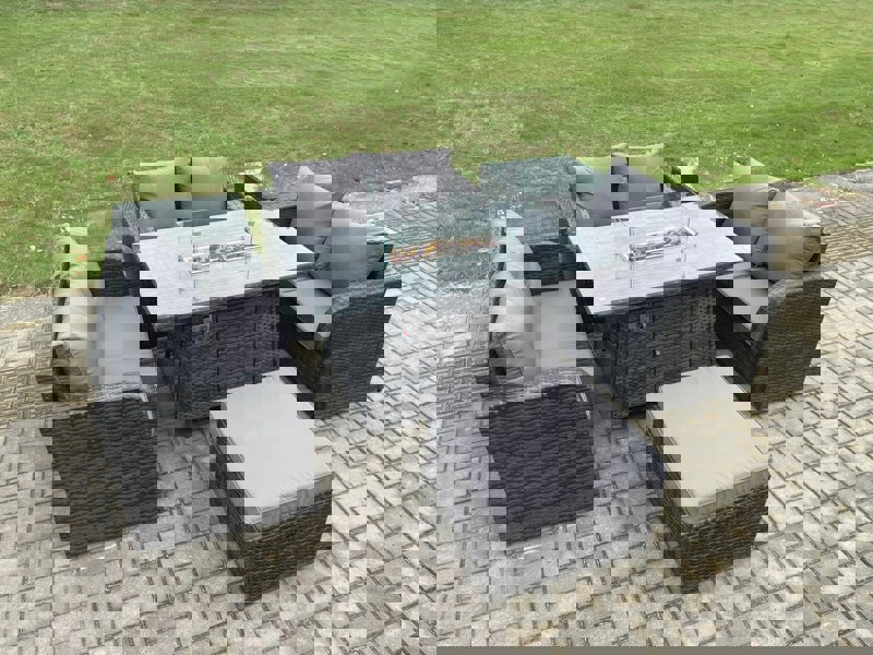 Fimous Rattan Outdoor Garden Furniture Sofa Set Gas Fire Pit Dining Table Gas Heater with 2 Side Tables Love Sofa Big Footstool Dark Grey Mixed