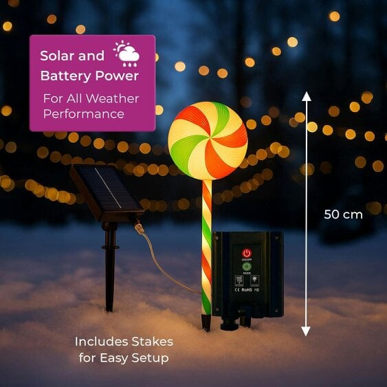 Neo Large 50cm Candy Cane Lolly Lollipop Christmas Remote Solar and Battery Powered Lights 6 Pack LED Path Stakes Timer 8 Modes Timer Outdoor Décor