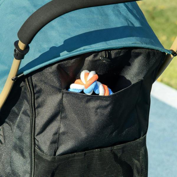 Pet stroller front storage pocket with small toy inside