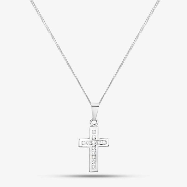 T. H. Baker Silver 16mm Cubic Zirconia Cross and Chain SCS1