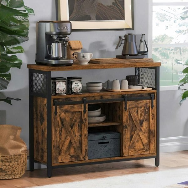 Rafaelo Mobilia Multipurpose Kitchen Sideboard Cabinet With Sliding Barn Doors Rustic Brown