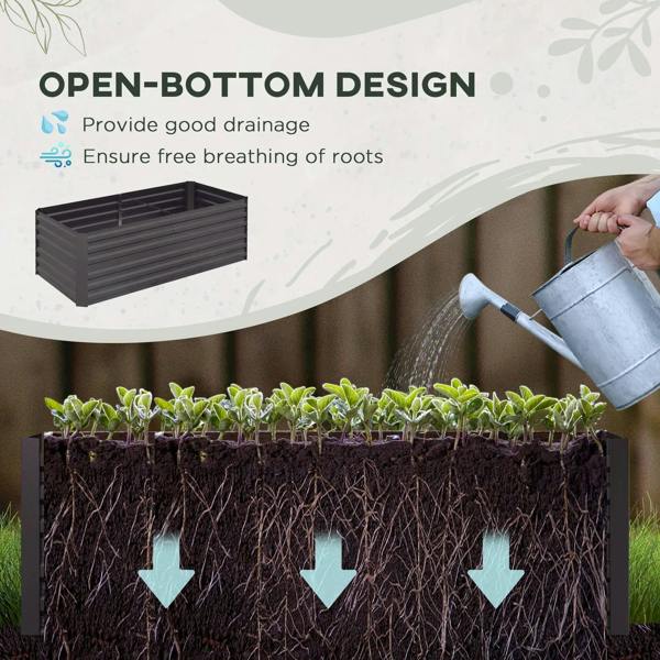 Dark grey raised garden bed planter with open-bottom design for drainage and airflow