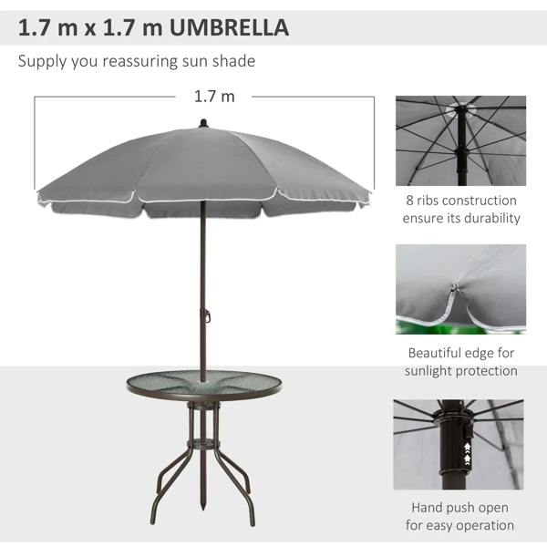 Grey patio umbrella with 1.7 m canopy and hand push open mechanism