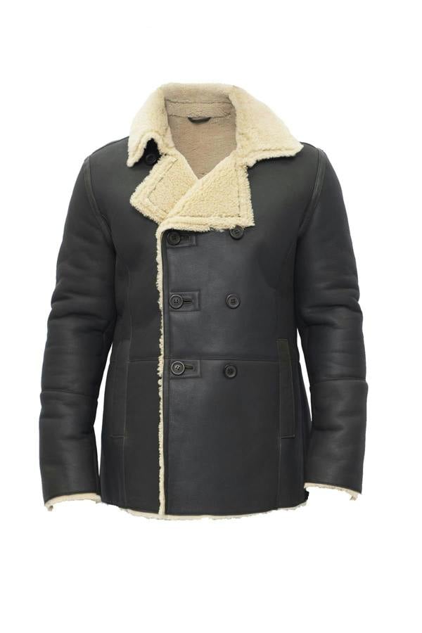 Infinity Leather Mens Double Breasted Shearling Sheepskin Pea Coat-Kington