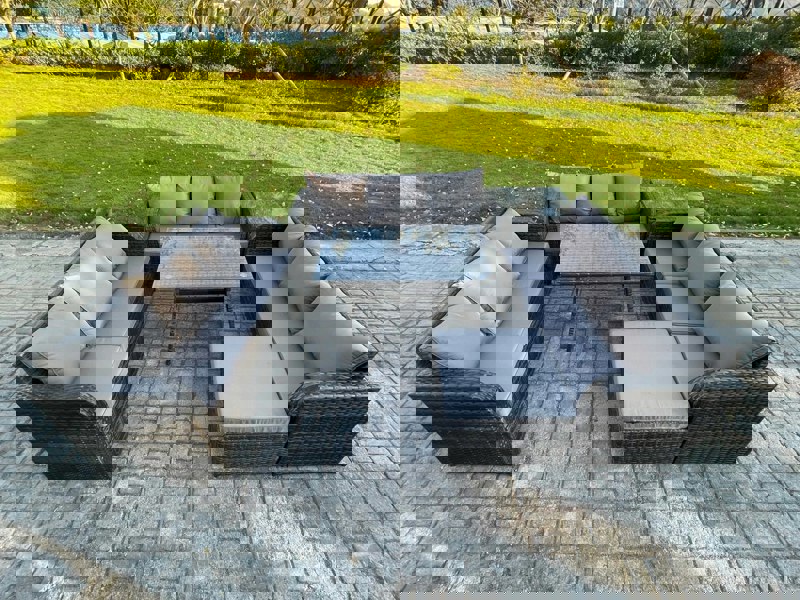 Fimous 10 Seater Wicker Rattan Garden Furniture Set with Rectangular Dining Table Big Footstool Side Table Patio Outdoor Lounge Sofa Set