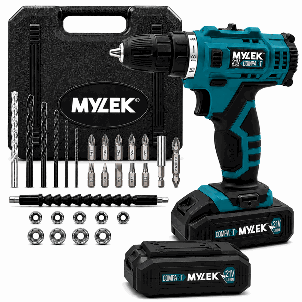 MYLEK 21V Cordless Drill With Two Li-ion Batteries And 29 Piece Accessory Set