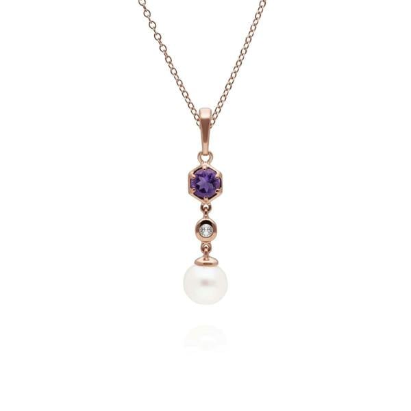 270P030304925 Modern Pearl, Amethyst & Topaz Drop Pendant in Rose Gold Plated Silver 1