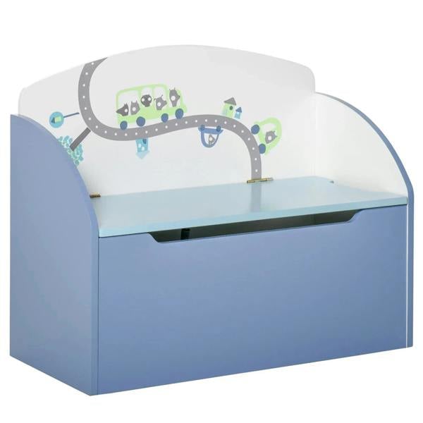 Blue kids toy storage box with hinged lid and rounded safety edges