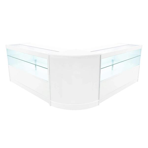 White Selene LED shop counter set with sleek design, featuring glass display shelves and a modern curved shape, ideal for retail spaces