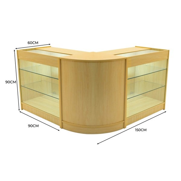 Maple Helios LED shop counter set with two K900 display cases, featuring glass shelves and a sleek curved design, ideal for retail use