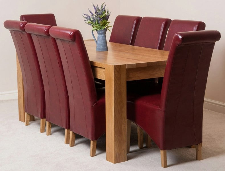 That's Furniture Kuba Large Oak Dining Table with 8 Montana Burgundy Leather Chairs