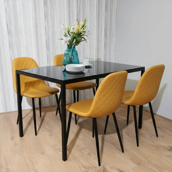Kosy Koala Modern Black Glass Dining Table Set with 4 Mustard Gem Pattern Chairs Dining Room Furniture