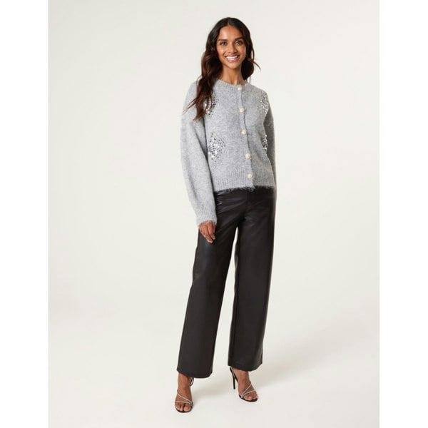 Blue Vanilla Diamante Sequin Brochure Button Front Cardigan