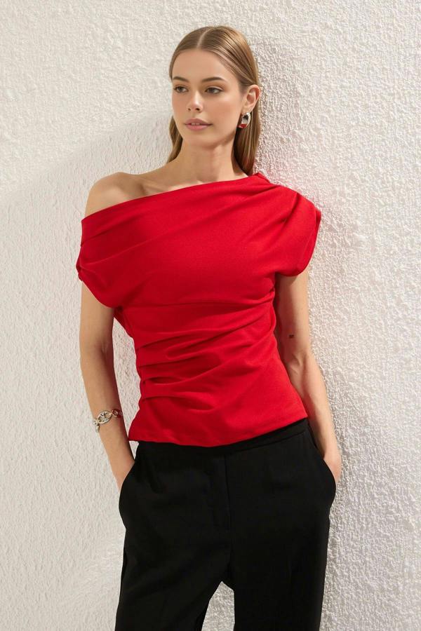 WOVCOR Draped One Shoulder Blouse