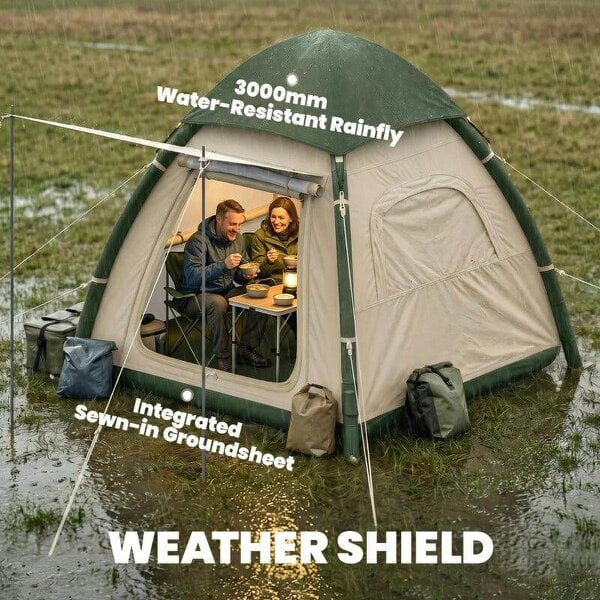 Inflatable Camping Tent with Rainfly, 2-3 Man Air Tent 3000mm Waterproof Blow Up Tents, Beige