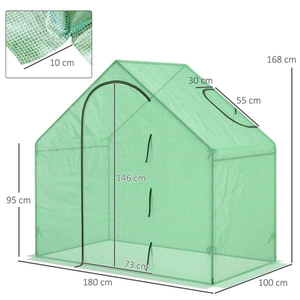 Green mini greenhouse showing zipped door, steel frame, and roof window.