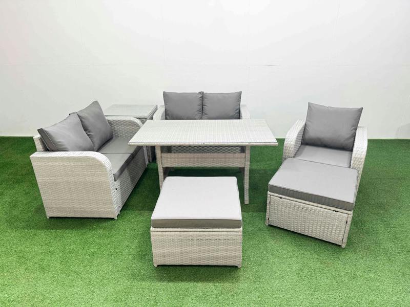 Fimous High Back Poly Rattan Garden Furniture Set, Reclining Chair, Loveseat, Dining Table, Indoor Outdoor, 2 Big Stool, Side Table, Light Grey