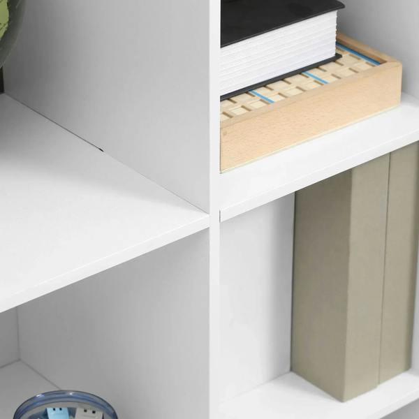 White cube storage shelf with open lower cubby and interior divider
