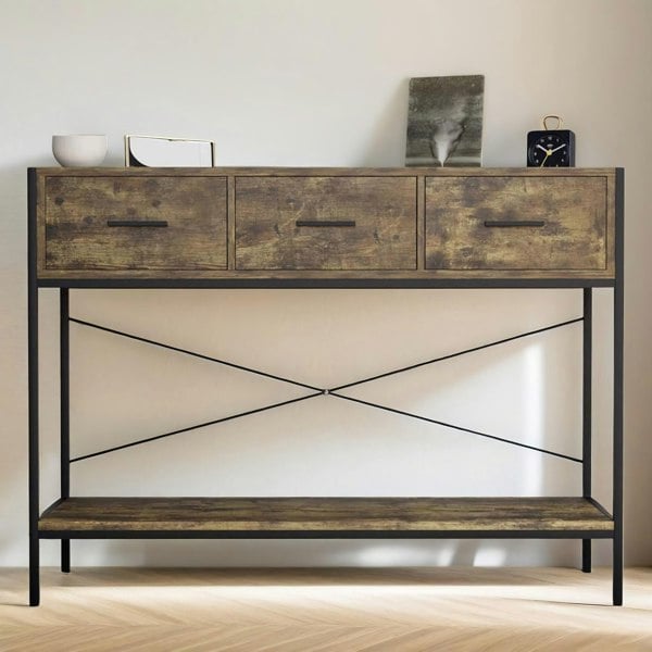 Rafaelo Mobilia 3 Drawer Industrial Console Table Dark Wood