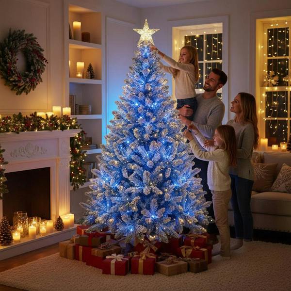 4ft to 8ft Pre-Lit Blue Flocked Christmas Trees with Blue LED Lights and Snowy Finish image 7