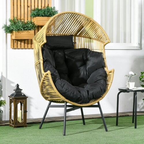Outsunny Rattan Leisure Chair w/ Cushion, Garden Egg Chair with Headrest, Grey - Sand