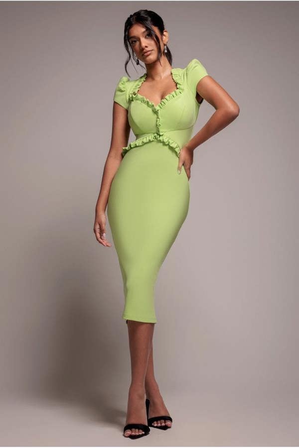 Cap Sleeve Frill Edge Midi Dress - Lime Green DR4223
