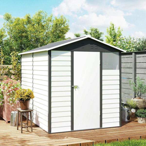 Dark grey metal garden shed with sloped roof and single swing door