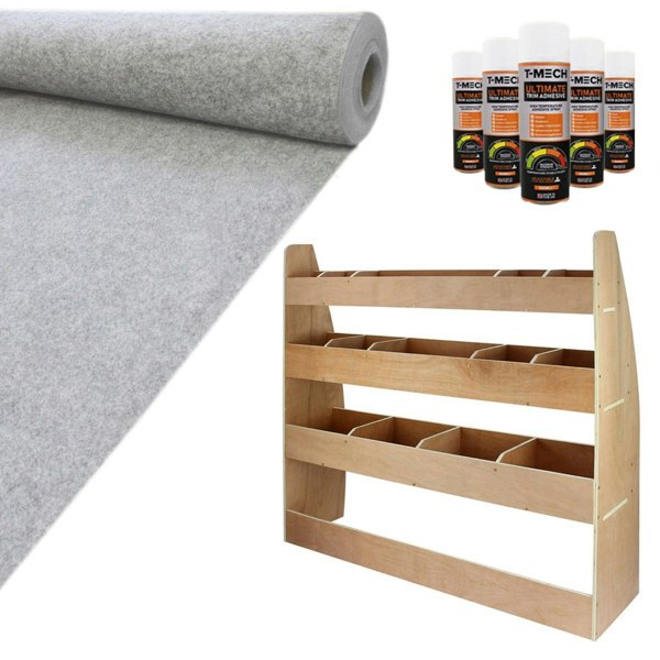 Silver van lining roll and VW Caddy racking unit with wood finish, featuring multiple storage compartments and soft texture