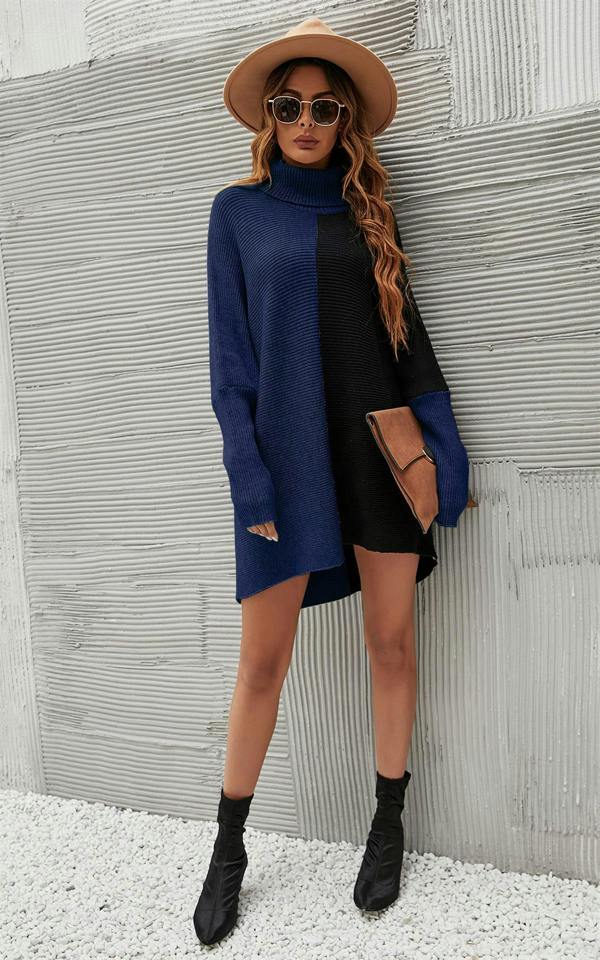 FS Collection High Neck Half Forest Navy & Black Block Colour Jumper Top