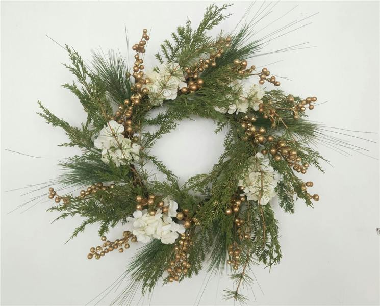 55cm Artificial Green Leaves Wreath with Golden Berries and White Hydrangea Flowers image 1