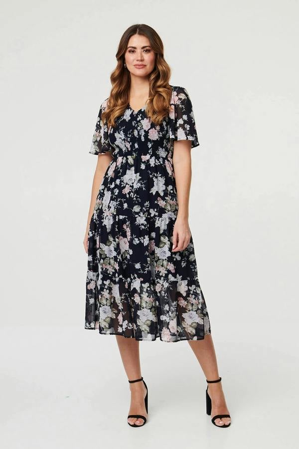 Navy | Floral Ruched Angel Sleeve Midi Dress
