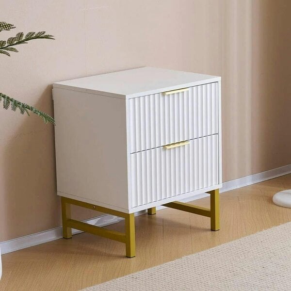 Kosy Koala Modern White Bedside Table with 2 Drawers and Gold Metal Legs for Bedroom